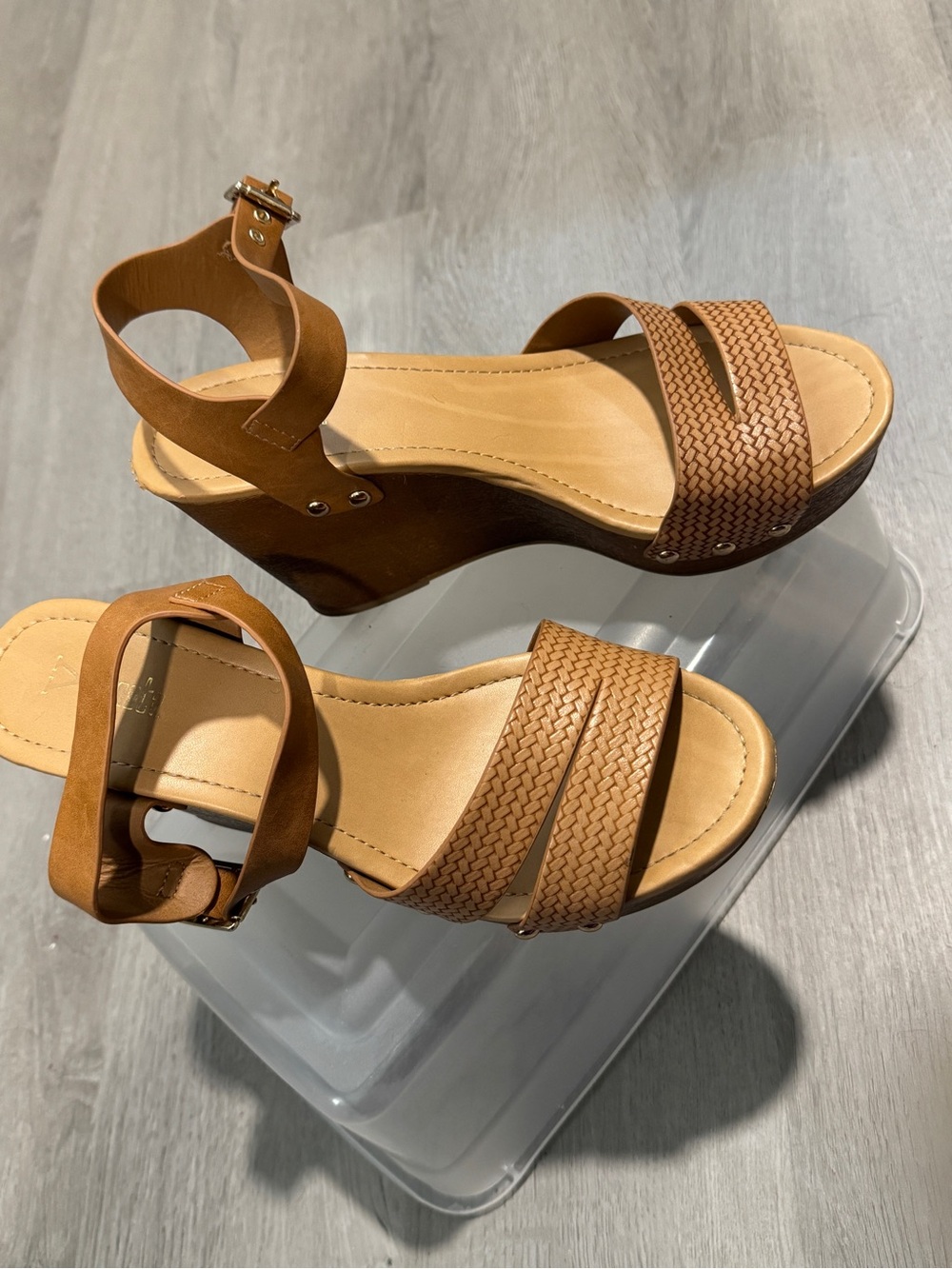 Women’s Tan Woven Ankle-Strap Wedge Sandals